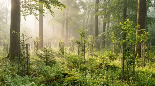 Junge Waldverjüngung mit Wuchshüllen im Mischwald bei Morgenlicht