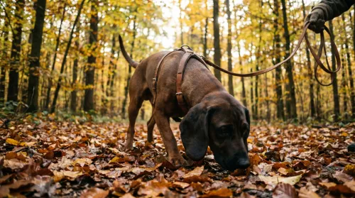 Bayerischer Gebirgsschweißhund arbeitet eine Fährte auf dem Waldboden