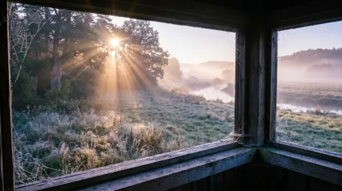 Blick von einem Hochsitz über eine nebelige Wiese im ersten Morgenlicht