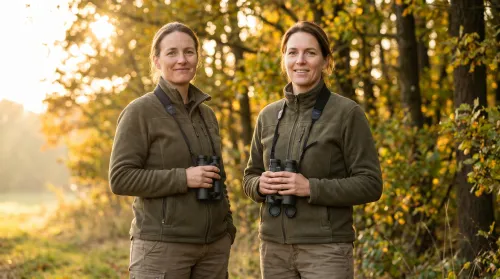 Selbstbewusste Jägerin in grüner Outdoor-Kleidung am Waldrand bei goldenem Licht