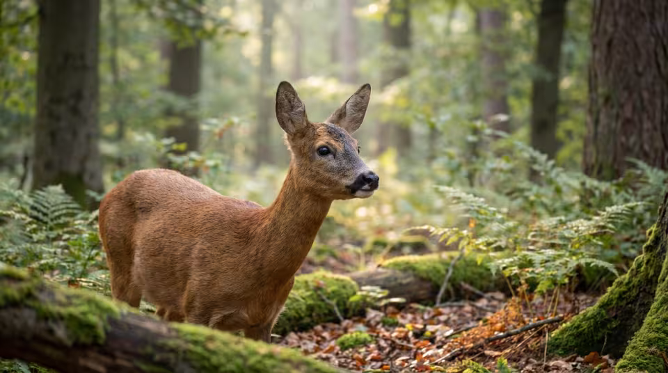 Reh steht aufmerksam im Wald und schaut mit aufgestellten Lauschern suchend umher