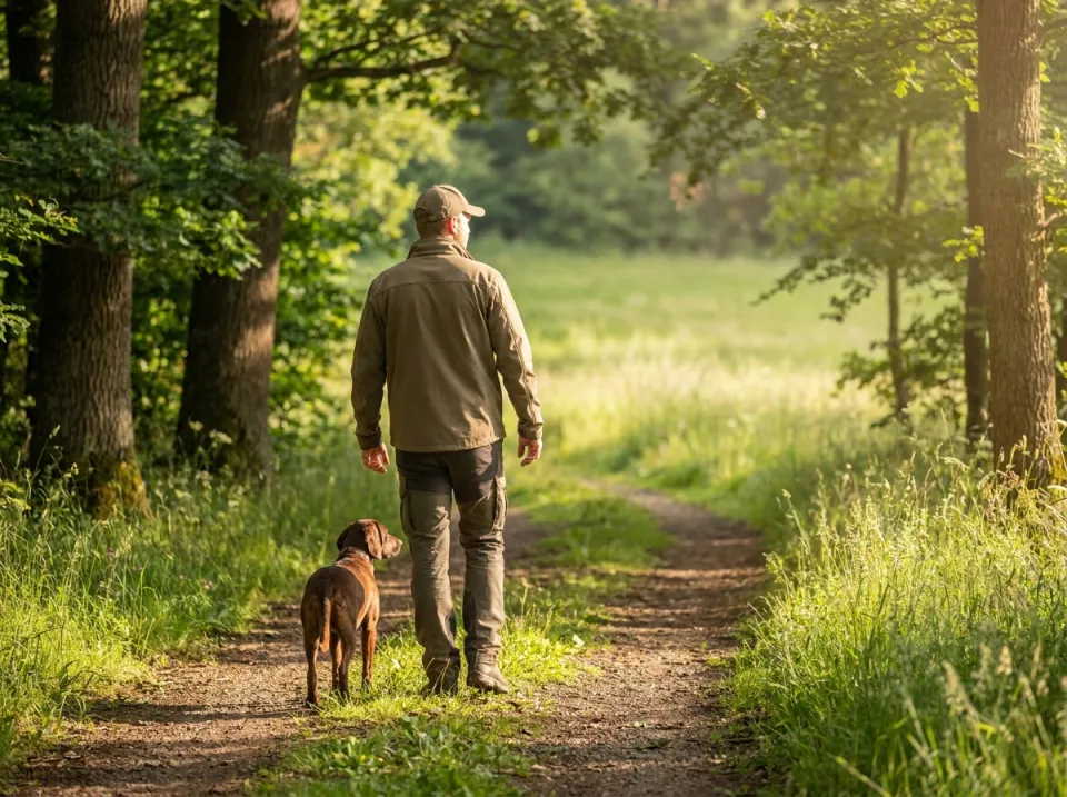 Jäger mit Jagdhund am herbstlichen Waldrand